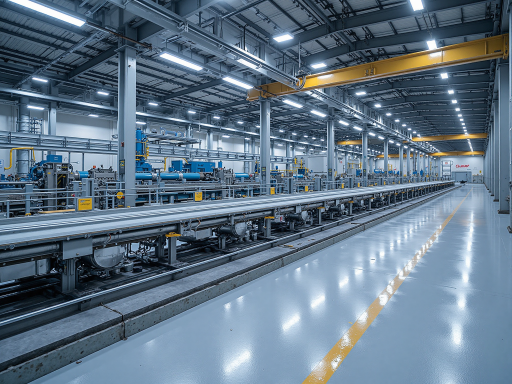 现代化工业厂房外景,蓝白相间建筑风格,宽敞明亮车间环境,整齐排列生产设备,体现企业规模实力