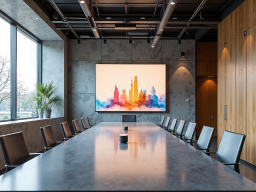 现代化会议室内部,大屏幕显示PPT,会议桌椅整齐摆放,体现企业办公环境