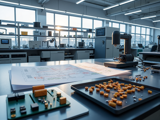 现代化实验室环境,技术人员操作精密仪器设备,桌上摆放各种无人机零部件,体现企业技术实力