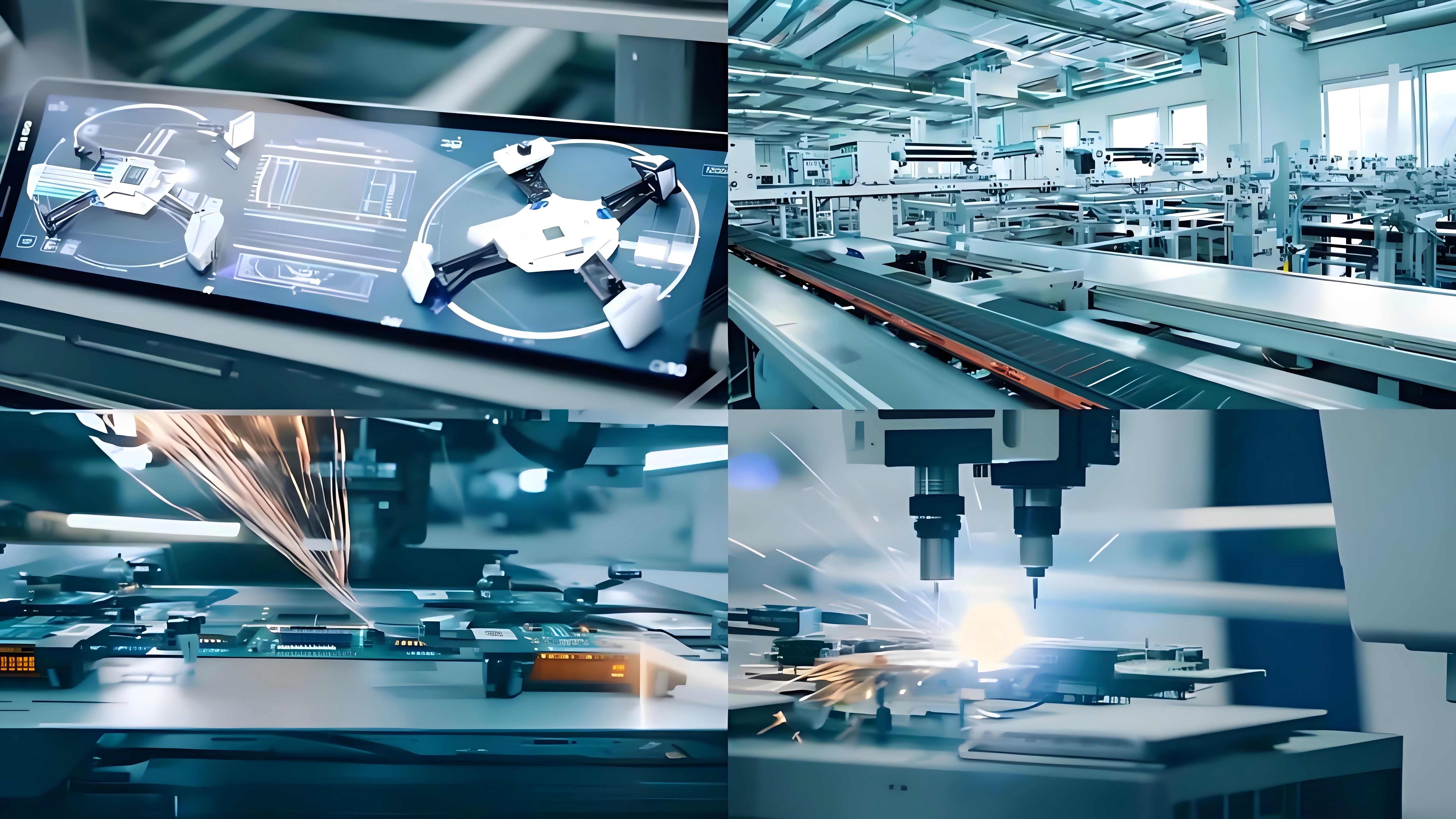 现代化实验室环境，技术人员操作精密仪器设备，桌上摆放各种无人机零部件，体现企业技术实力