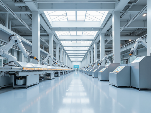 现代化生产车间内部,工人正在组装无人机,机器设备整齐排列,体现生产实力